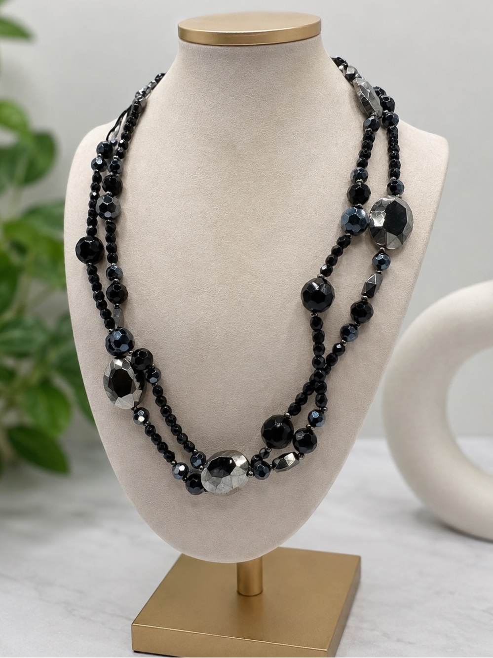 Sequin New York Black & Gunmetal Faceted Beaded 34” Necklace (BR-1010/1)